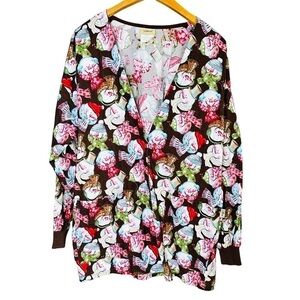 Tafford Snowman Brown Long Sleeve Christmas Medical Scrub Jacket Snap Button XL
